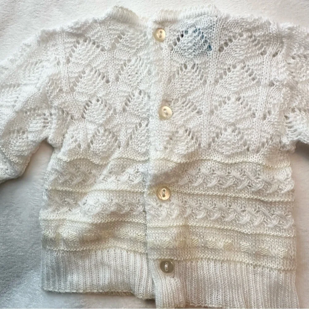 Vintage Rodes Ivory Knit Baby Bear Sweater 0-3M Scalloped Bib Buttonback Neutral